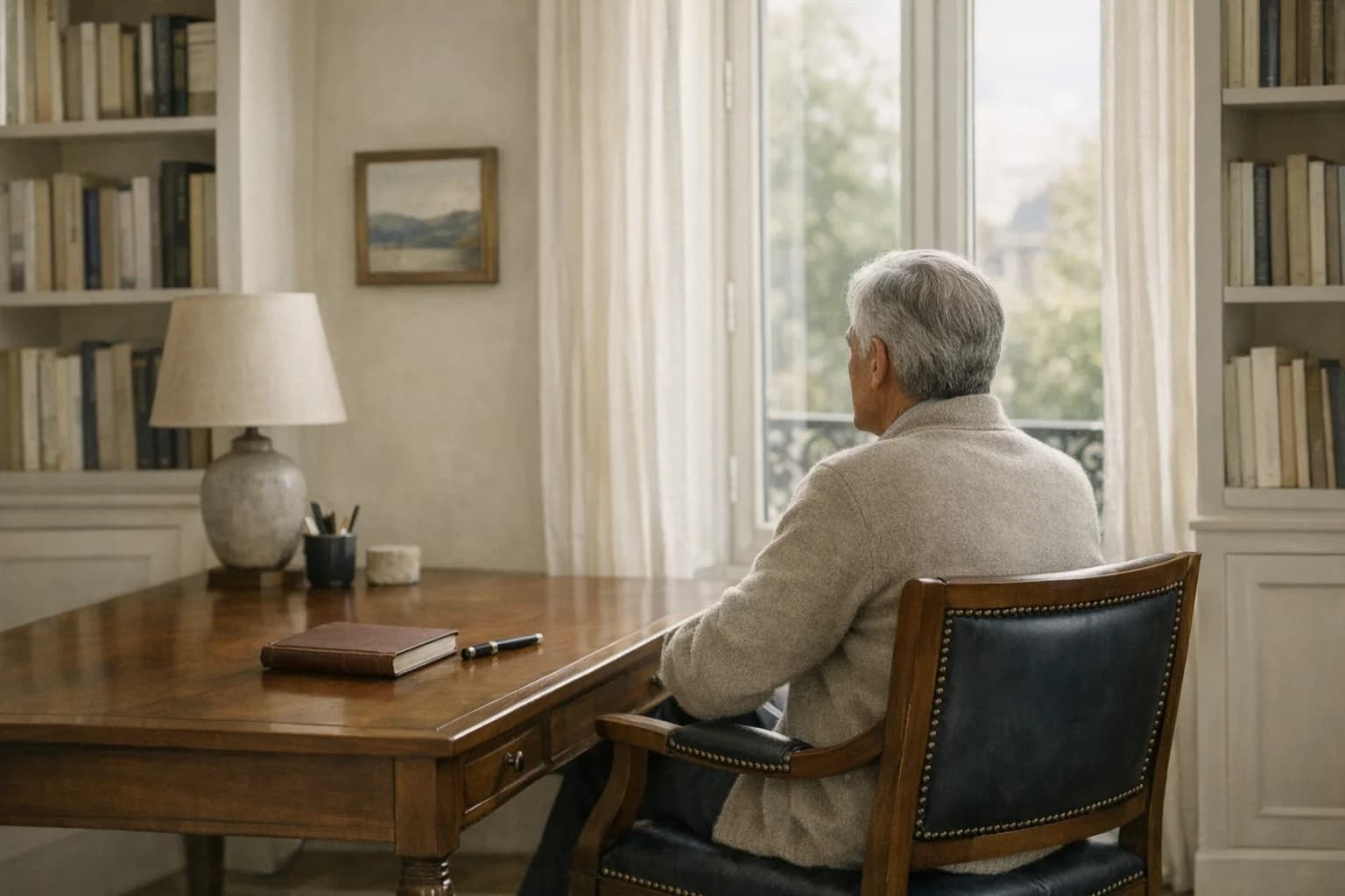 Documents de planification successorale sur un bureau en bois, éclairés par la lumière du matin