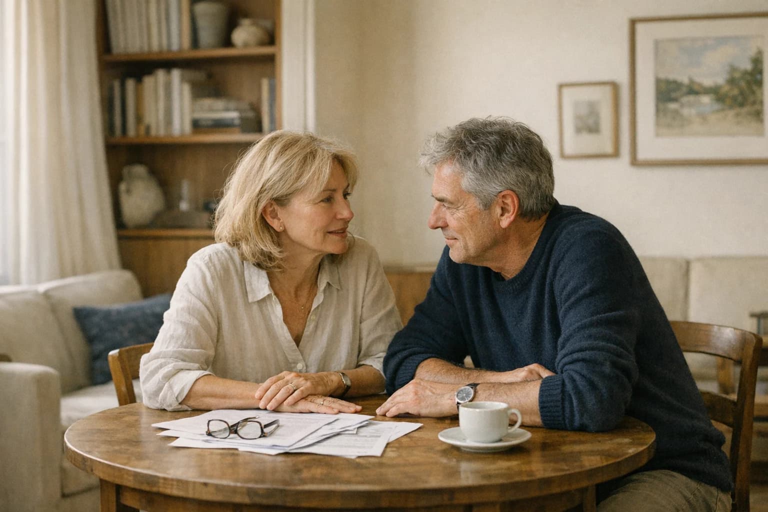 Couple d'une soixantaine d'annees discutant de leur avenir dans leur salon