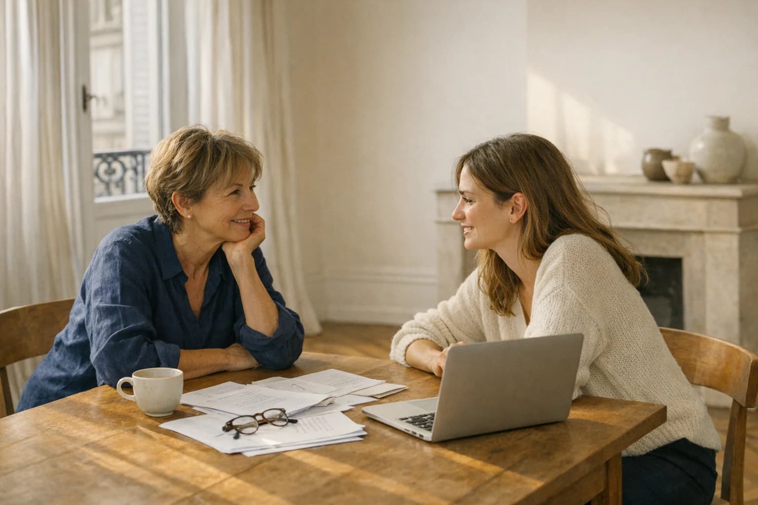 Une mère et sa fille adulte discutent autour d'une table dans un salon lumineux