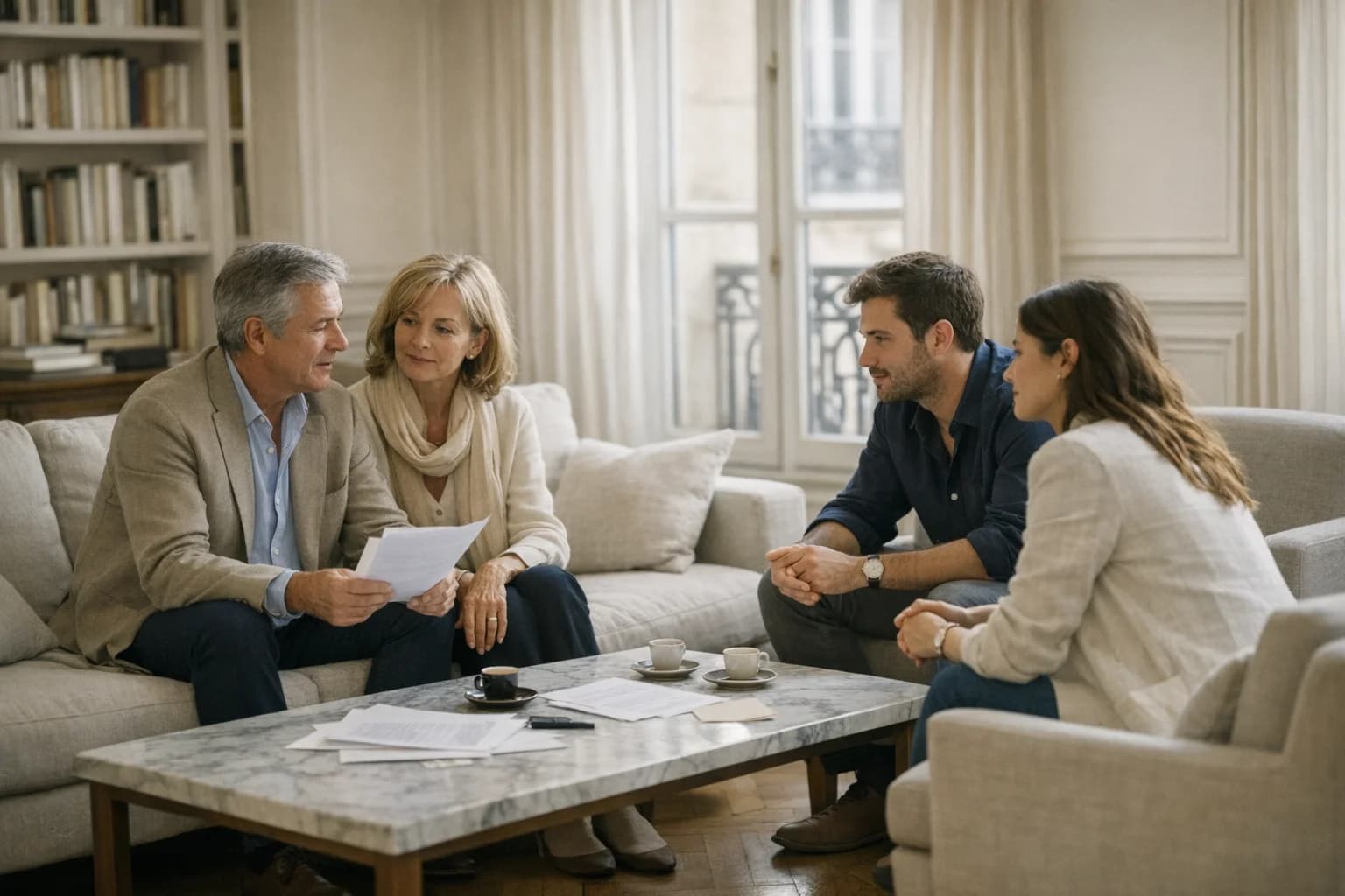 Parents et enfants adultes reunis autour d'une table dans un salon francais lumineux