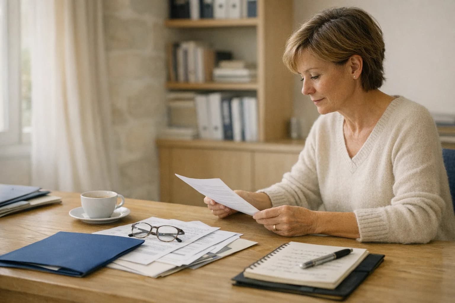 Documents administratifs et formulaires cerfa posés sur un bureau en bois avec une tasse de café