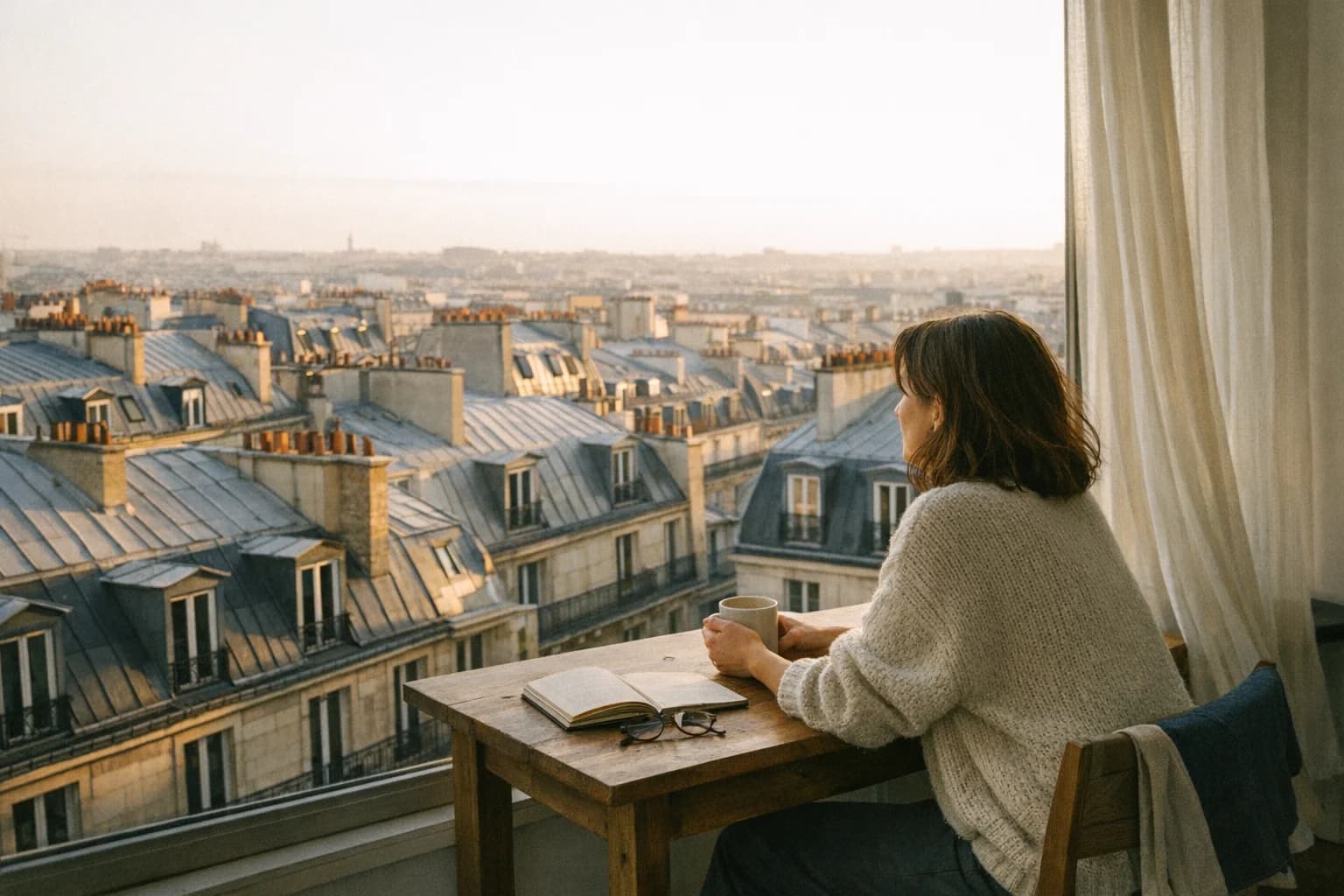Toits haussmanniens parisiens au soleil couchant