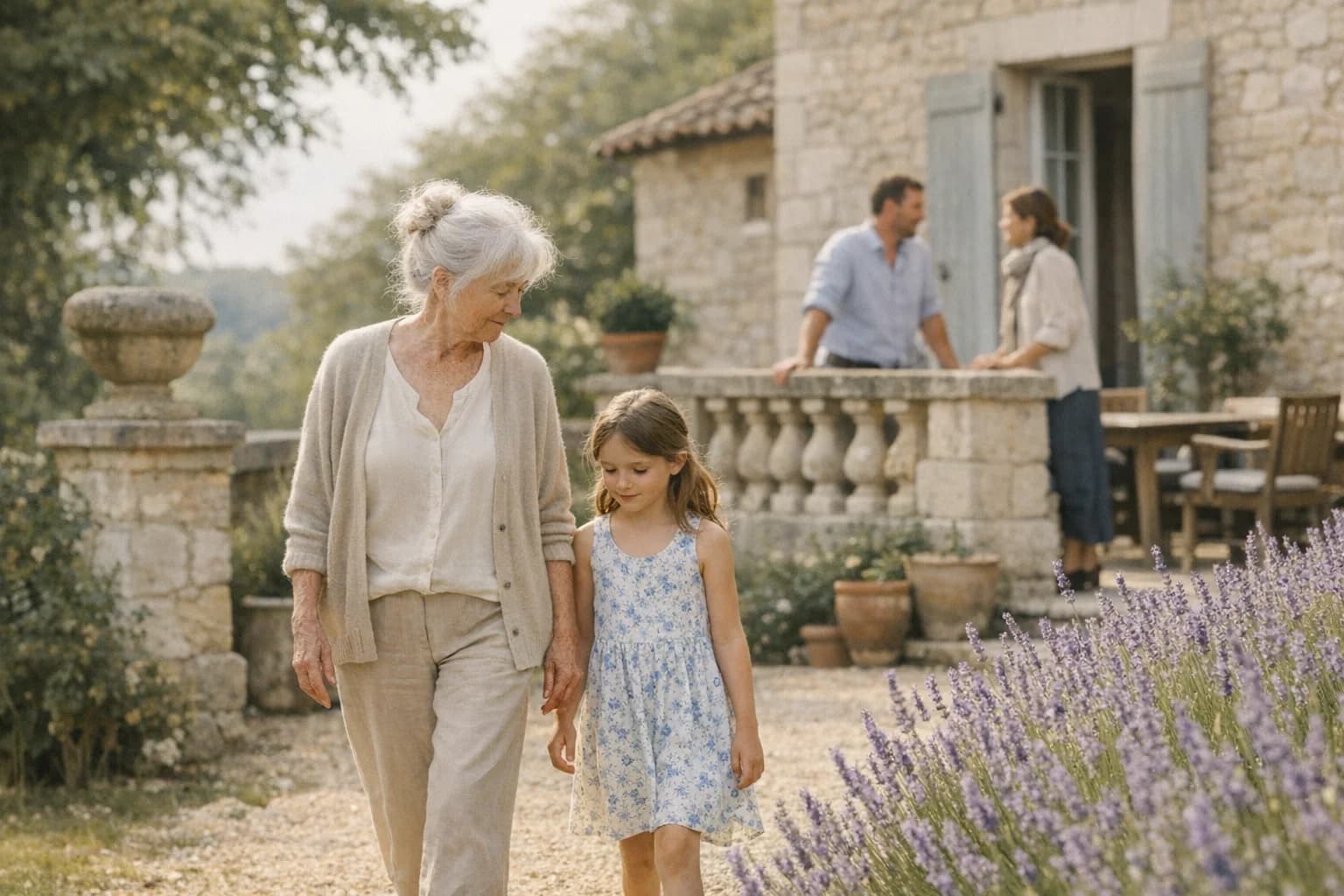 Grand-mère marchant dans un jardin français avec sa petite-fille, trois générations en arrière-plan