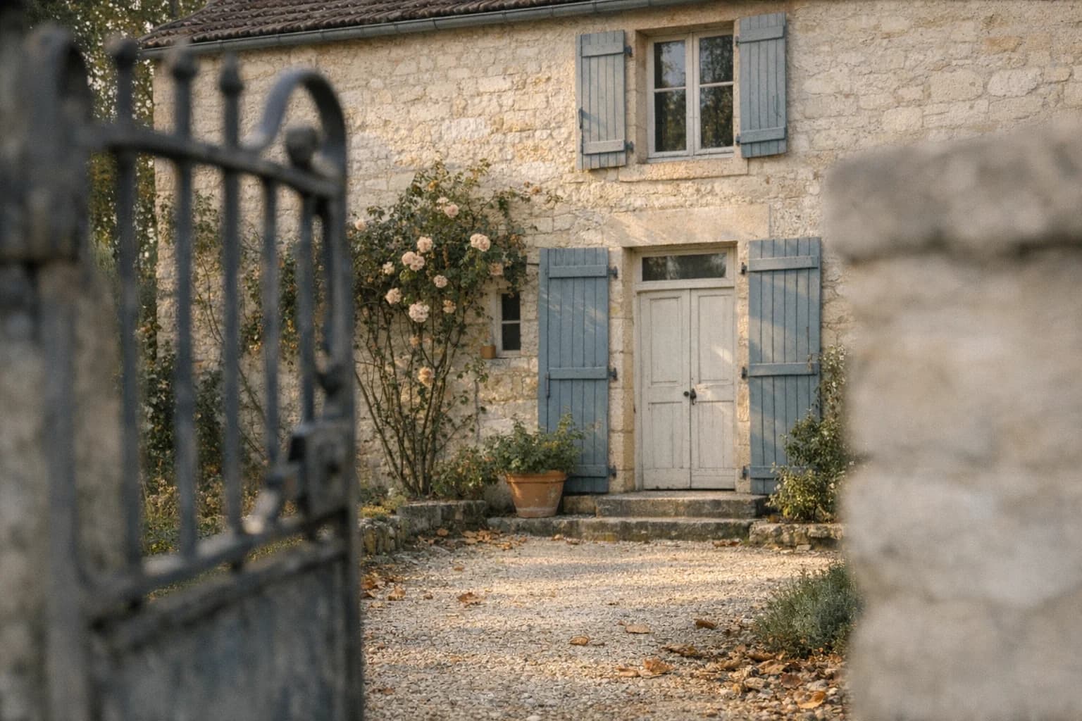 Façade d'une maison de famille en pierre, vue depuis le jardin dans la lumière du matin