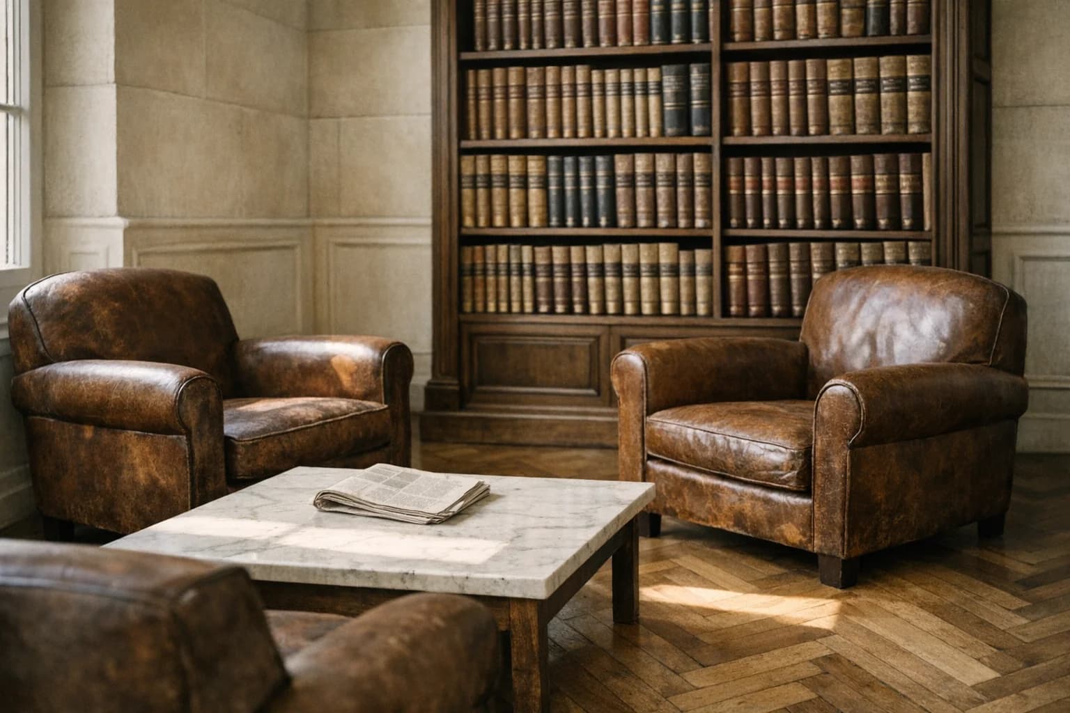 Salle d'attente feutrée d'une étude notariale française, fauteuils en cuir et bibliothèque juridique