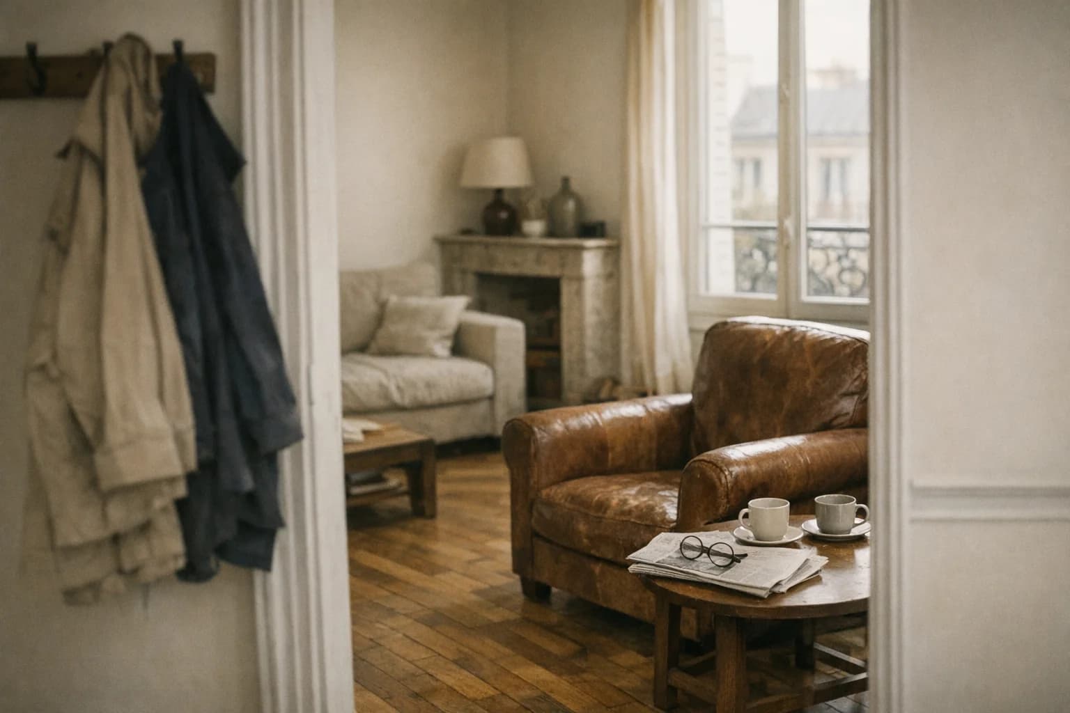 Intérieur français chaleureux avec signes de vie quotidienne à deux