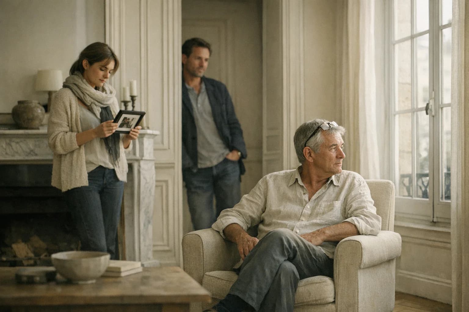 Famille réunie dans un salon français, moment de silence pensif entre les générations